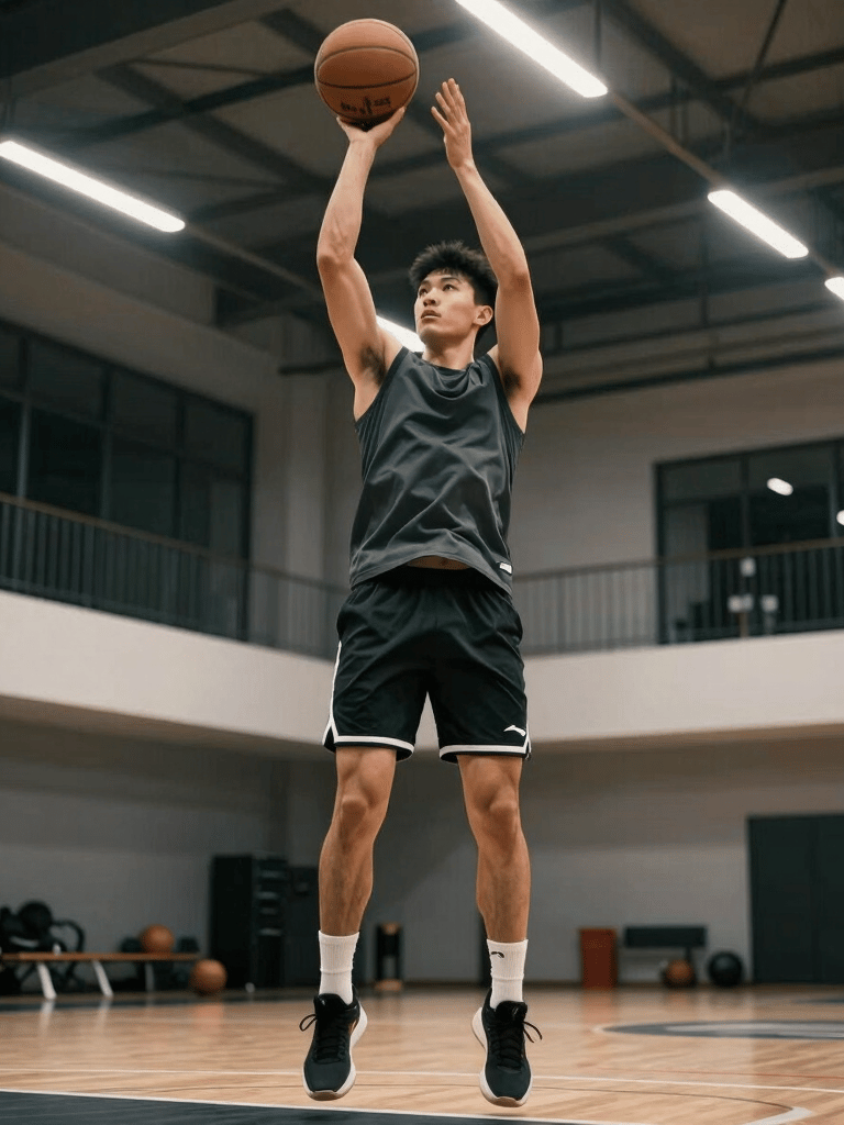 A high-end, low-angle photograph of a male basketball trainer in charcoal athletic apparel performing a jump shot in a modern US indoor gym, cinematic lighting.
