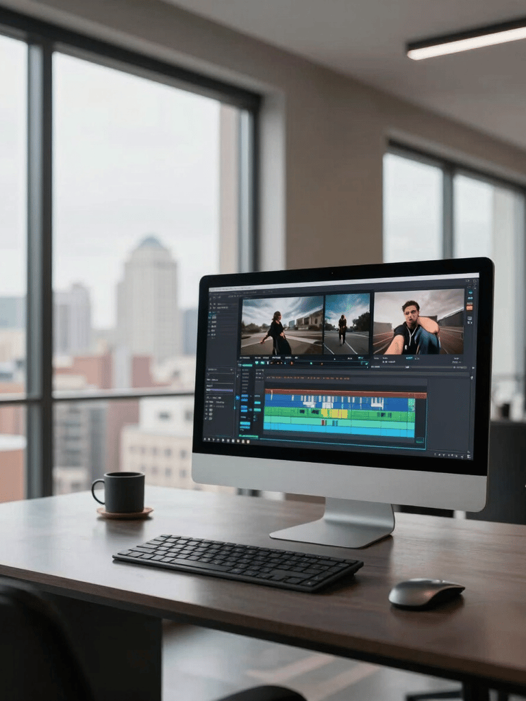 A high-end, modern home office in the United States with large windows and a view of a cityscape. On a sleek desk sits a powerful computer showing a professional video editing timeline. The atmosphere is professional and innovative, with a clean aesthetic and soft cinematic lighting.