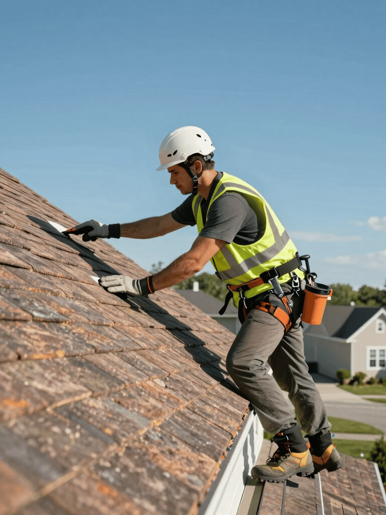 A professional roofer in a safety vest inspecting a suburban house roof in North American / US, clear blue sky, bright natural lighting.