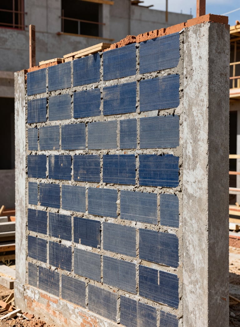Professional photography of a construction site in a Sul Americano / Brasileiro neighborhood, focusing on a newly built brick wall with dark blue and grey tones, sharp focus on the textures of mortar and clay, bright natural light.