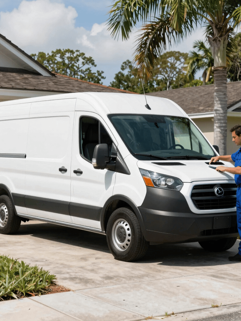 A sharp, professional wide shot of a modern white plumbing service van parked in a sunny North American / US residential driveway in Orlando, Florida, with a professional technician in a blue uniform, bright natural lighting, clean and efficient mood.