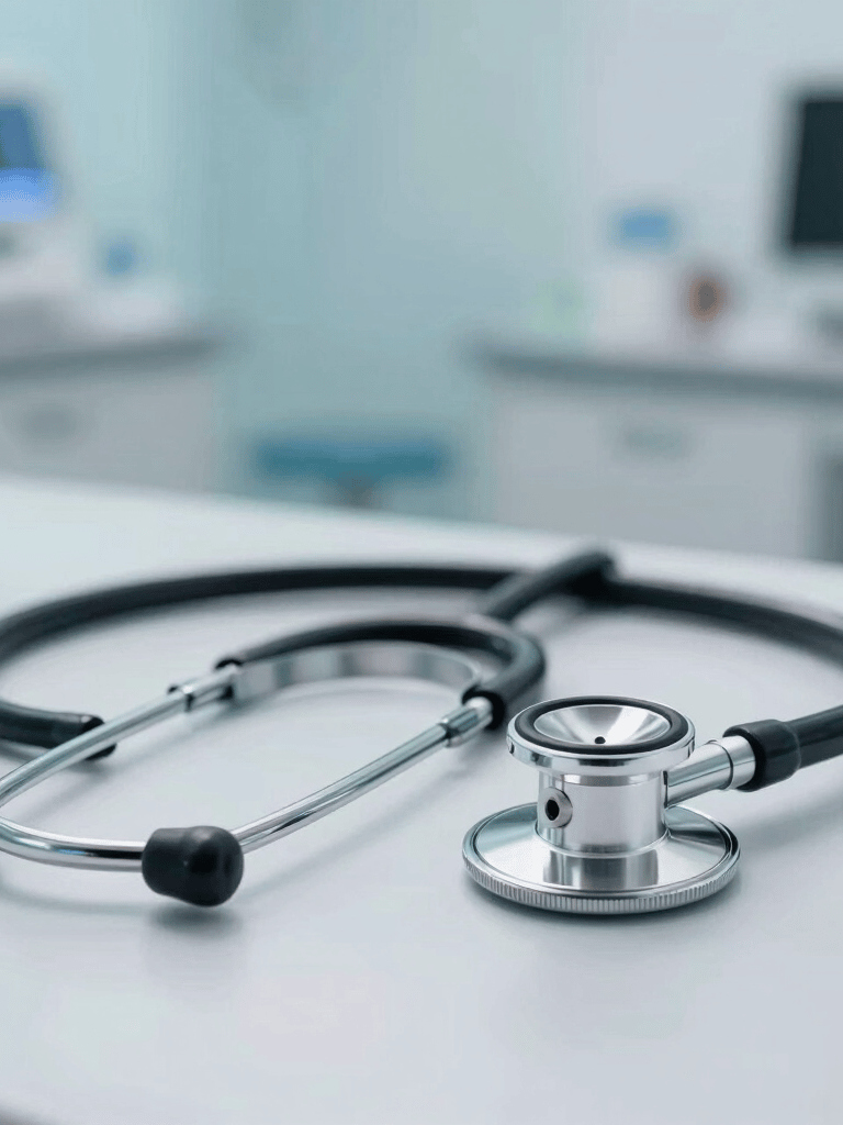 A close-up of a professional stethoscope lying on a clean medical desk, soft bright lighting, corporate healthcare environment in a South American clinic, with blurred clinical background in shades of light blue and white.