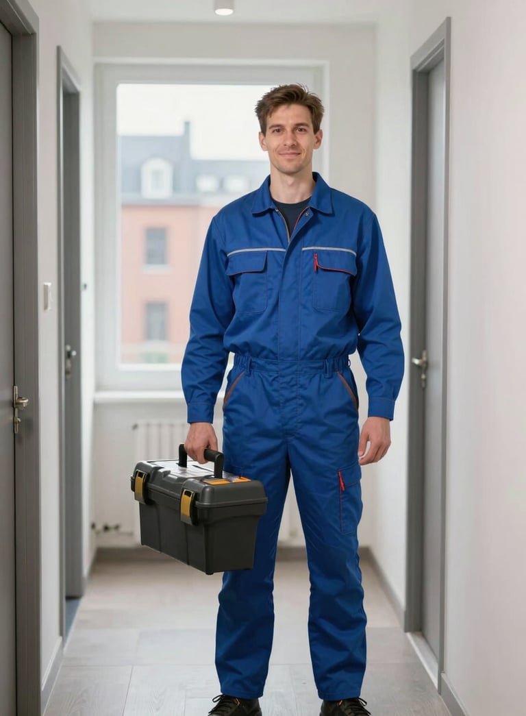 A professional plumber in modern blue workwear standing confidently in a bright Northern European / German / Hamburg apartment hallway. He is holding a toolbox and smiling slightly, exuding competence and reliability. In the background, typical Hamburg architecture is visible through a large window. Soft, natural lighting. Brand colors: steel blue and grey.