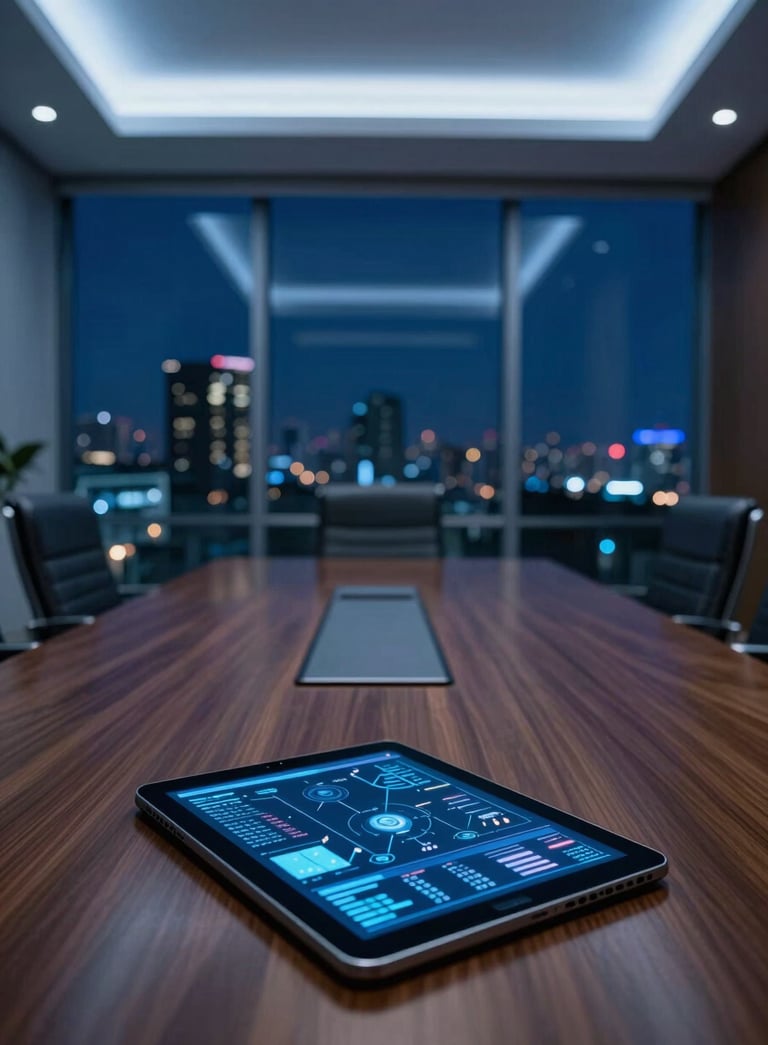 A high-end, cinematic still of a sleek Peruvian corporate boardroom at night, with a view of Lima city lights, soft royal blue interior lighting, and a tablet on the table reflecting a data visualization.