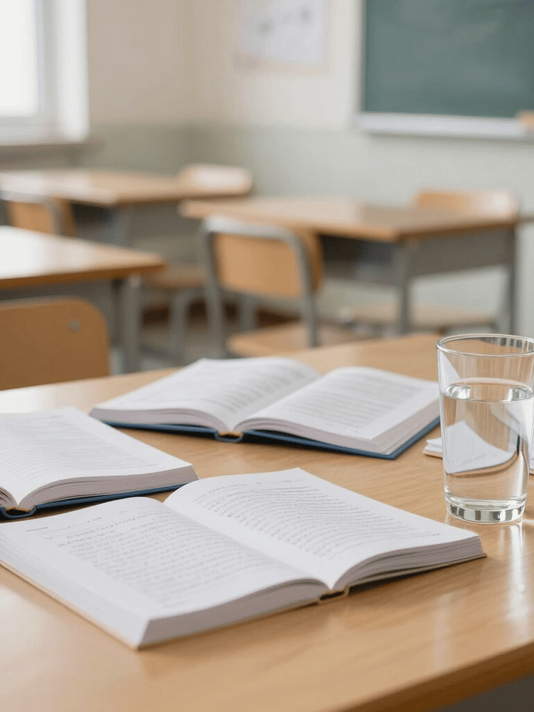 A collection of educational materials, books, and a glass of water on a light oak table, bright and airy European classroom interior, depth of field.