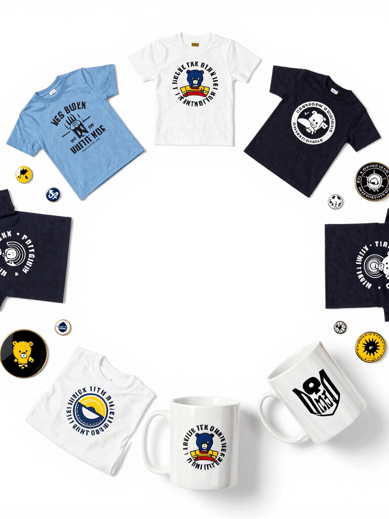 Official SATCconnia band merchandise including t-shirts and guitar picks displayed on a dark backdrop.