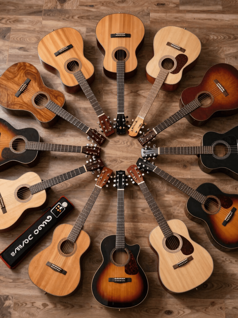 Close-up of guitar strings, capos, and cables arranged neatly on a wooden table with warm lighting.