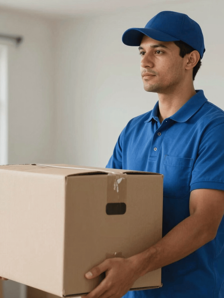A professional mover in a neat uniform carrying a cardboard box with care, South American / Brazilian domestic setting, bright and airy lighting with Soft Blue and Grey-Blue tones.
