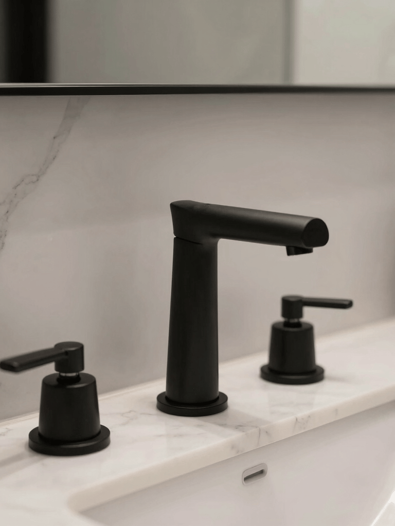 A close-up high-end interior shot of matte black bathroom fixtures against a pristine white marble backsplash in a modern Los Angeles residence, sophisticated lighting.