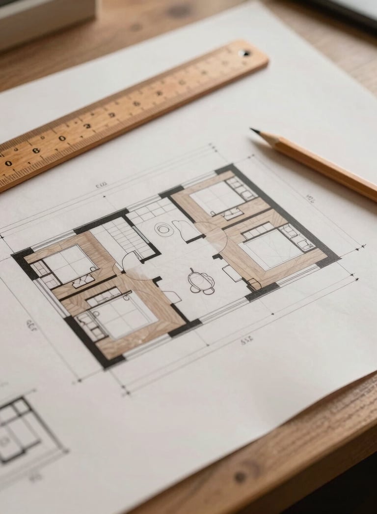 A close-up of an architect's desk with detailed floor plans, a wooden ruler, and a pencil, emphasizing the precision and craftsmanship of custom home design in tones of warm alabaster and muted taupe.