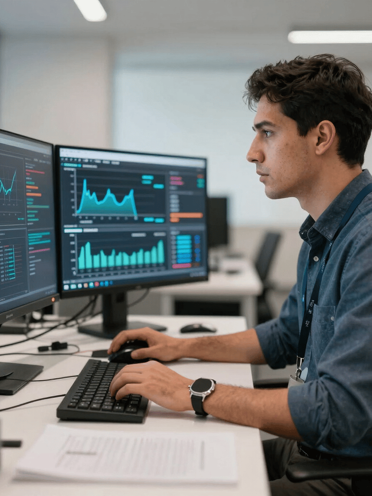 A professional IT specialist in an Ecuadorian business environment, focused on monitoring cybersecurity metrics on multiple sleek screens, modern and clean style.
