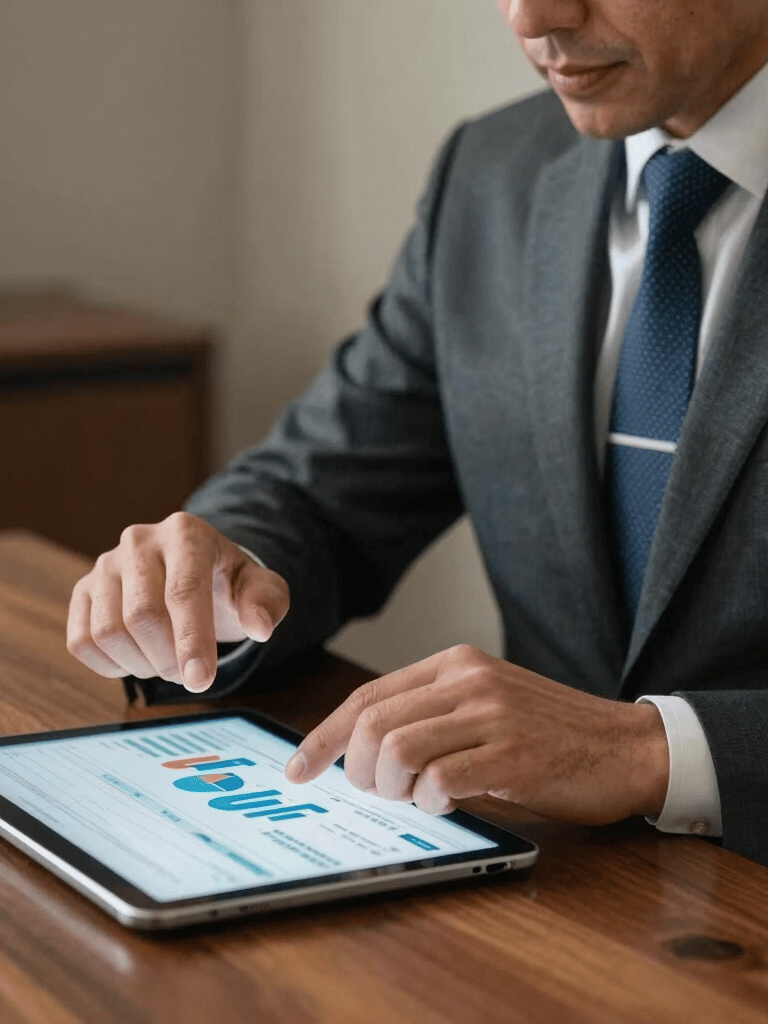 A professional North American / US financial consultant in business attire sitting at a mahogany table, gesturing towards a tablet screen while explaining financial data. Sophisticated lighting, sharp focus, professional mood.