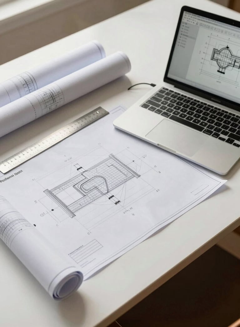 A top-down view of a bright, minimalist drafting desk in Florida with rolled blueprints, a precision ruler, and a laptop displaying a technical drawing, warm natural light, North American / Florida style.