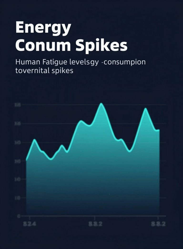 A sophisticated data visualization graphic showing the correlation between human fatigue levels and machine energy consumption spikes. The aesthetic is deep-tech and minimalist, utilizing #8DBEB7 aqua highlights against an authoritative #0A1D2B dark background.