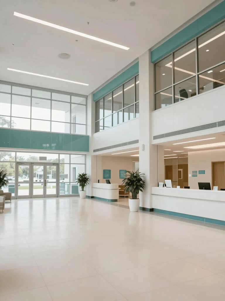 A wide shot of a modern, professional North American medical facility lobby with glass walls, clean off-white surfaces, and subtle teal architectural details.