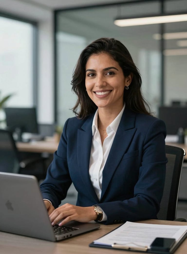 a confident South American / Brazilian accountant in a modern dark navy blue and slate blue office, professional and welcoming