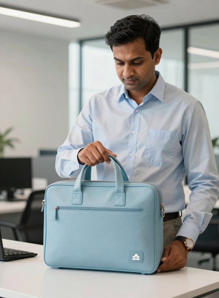 A professional South Asian / Indian business owner in a modern office, reviewing a premium customized leather laptop bag with a clean corporate logo, soft natural lighting, Misty Blue and Soft Ice White color accents.