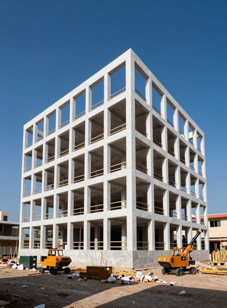 A premium, wide-angle shot of a modern architectural project under construction in a Southern African urban environment, vibrant blue sky, featuring amber-colored equipment and clean white structural lines.