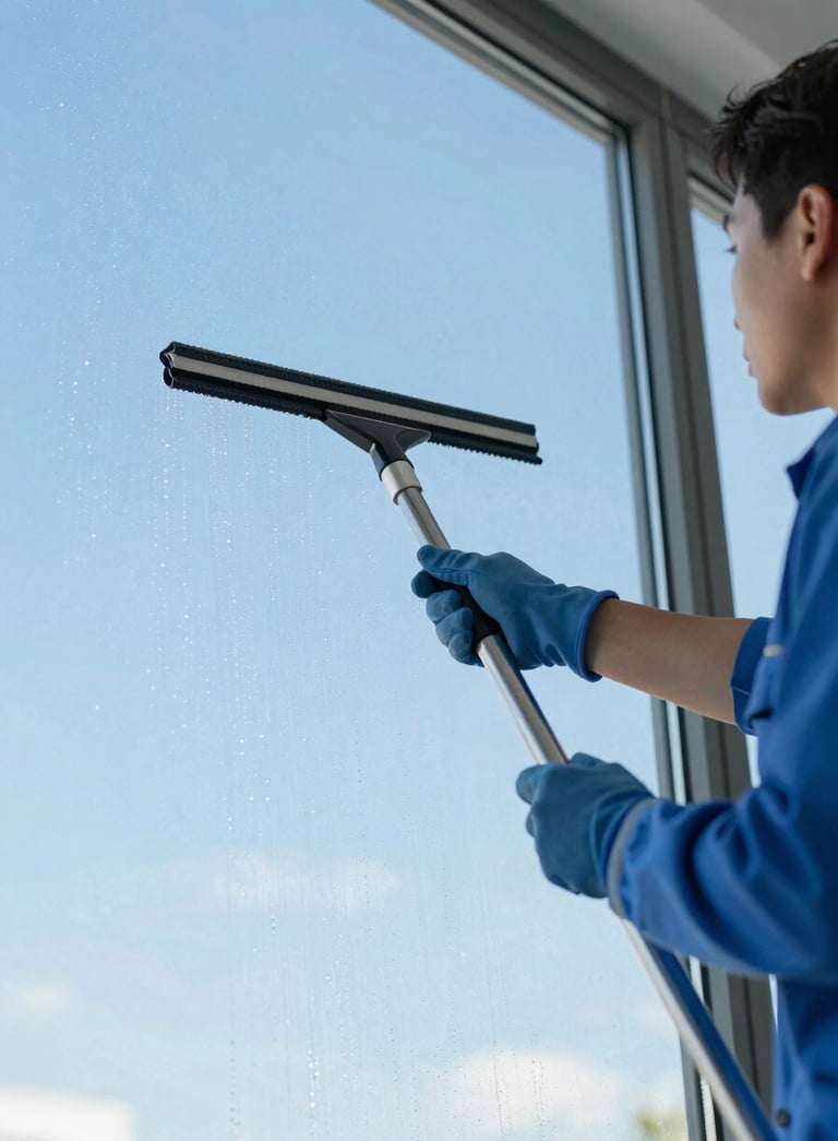 A professional window cleaner using a squeegee on a large glass window, clear blue sky background, sparkling water droplets, bright and crisp lighting, incorporating #8BBFDE and #EBF5F9 colors.