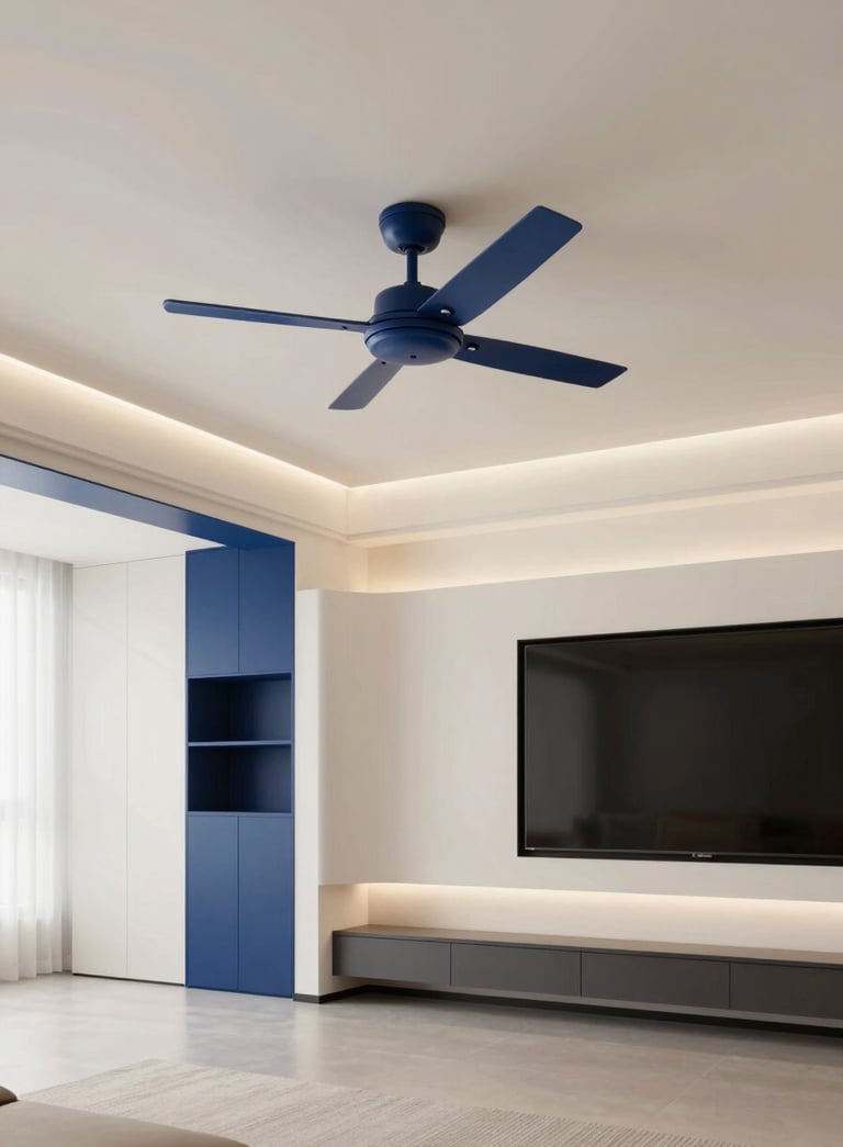 A professional wide-angle shot of a modern, well-lit living room featuring sleek LED lighting strips and a ceiling fan, showcasing a clean and efficient electrical installation in shades of off-white and deep midnight blue.