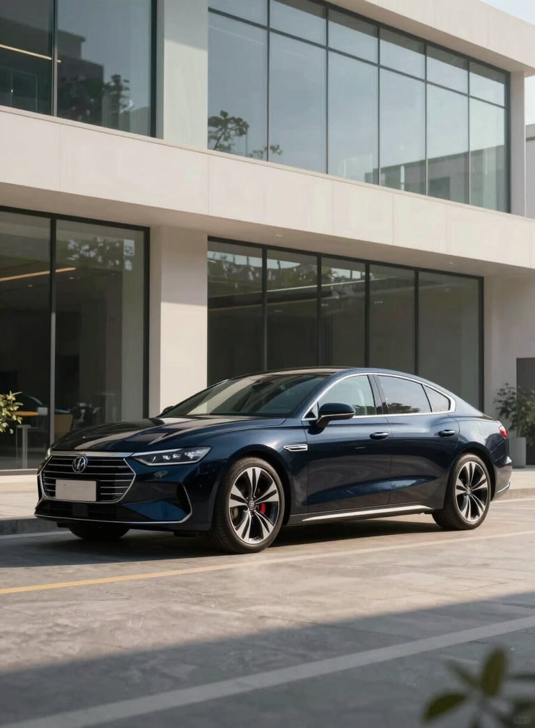 A sleek, Dark Slate Blue luxury sedan parked in front of a modern glass building with Soft Off-White architectural details. Professional automotive photography, clear morning light, highlighting the car's streamlined design.