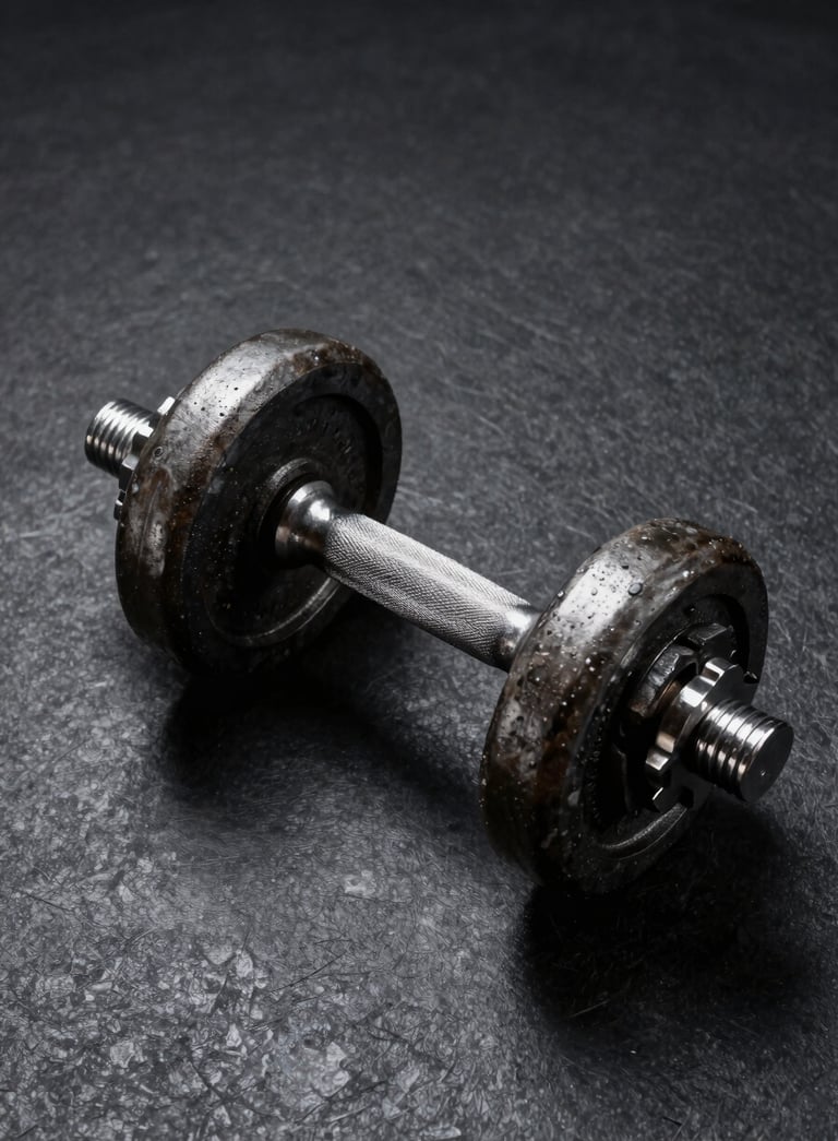 A minimalist, high-contrast studio photograph of a single heavy steel dumbbell on a dark, textured charcoal floor, reflecting a premium and strong brand aesthetic, North American style.
