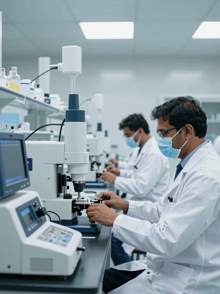 A wide-angle professional photograph of a sterile, high-tech pharmaceutical laboratory in Bangalore. South Asian / Indian scientists in white lab coats and protective gear are operating sophisticated precision equipment. The environment is clean and clinical with bright lighting and deep blue corporate accents.
