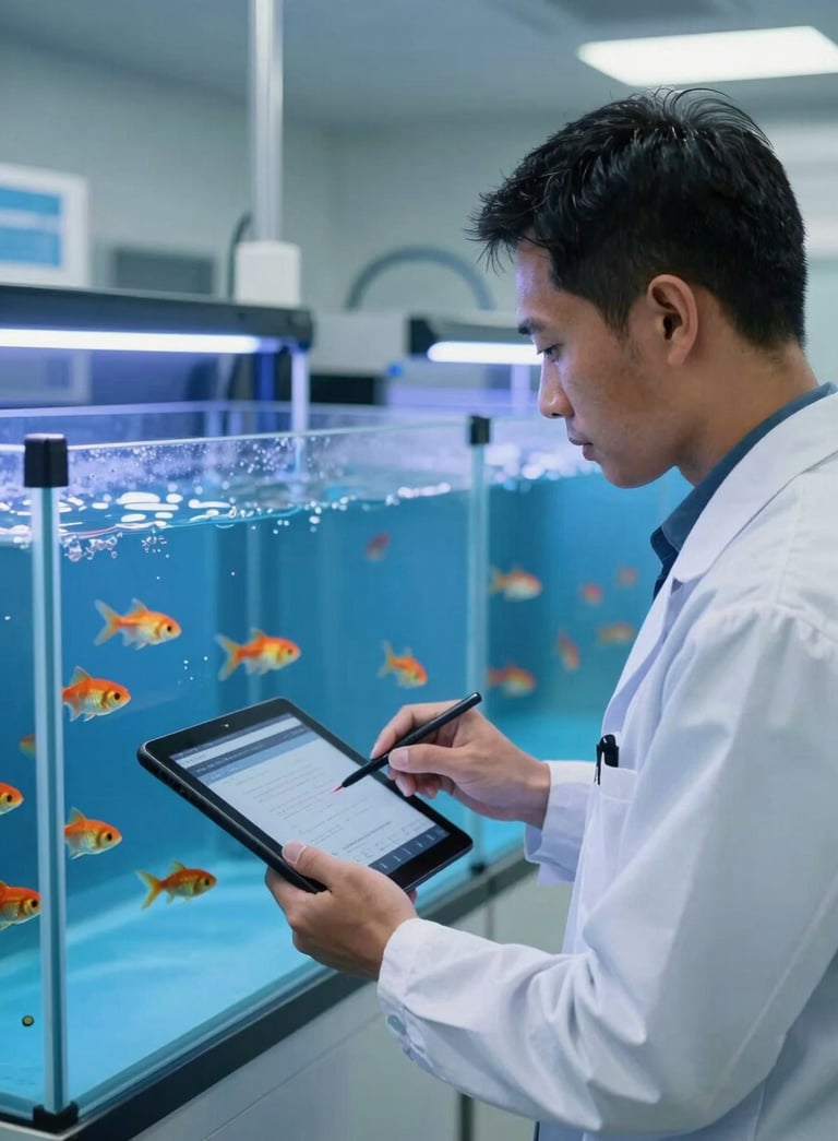 A professional Southeast Asian / Indonesian technician in a clean, modern facility using a digital tablet to monitor water quality in large indoor fish tanks, cinematic lighting with Ocean Blue and Sky Blue tones.