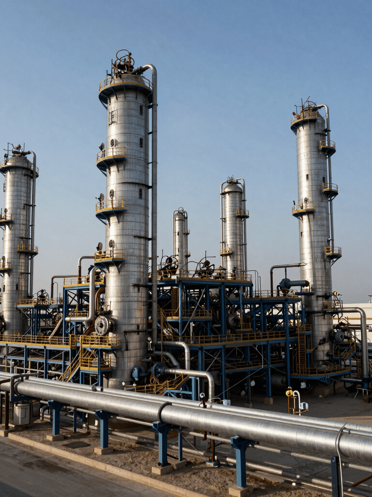 A high-angle professional photograph of a massive industrial refinery in Jubail, Saudi Arabia, featuring complex steel structures and pipelines in Dark Gray and Steel Blue against a clear sky.