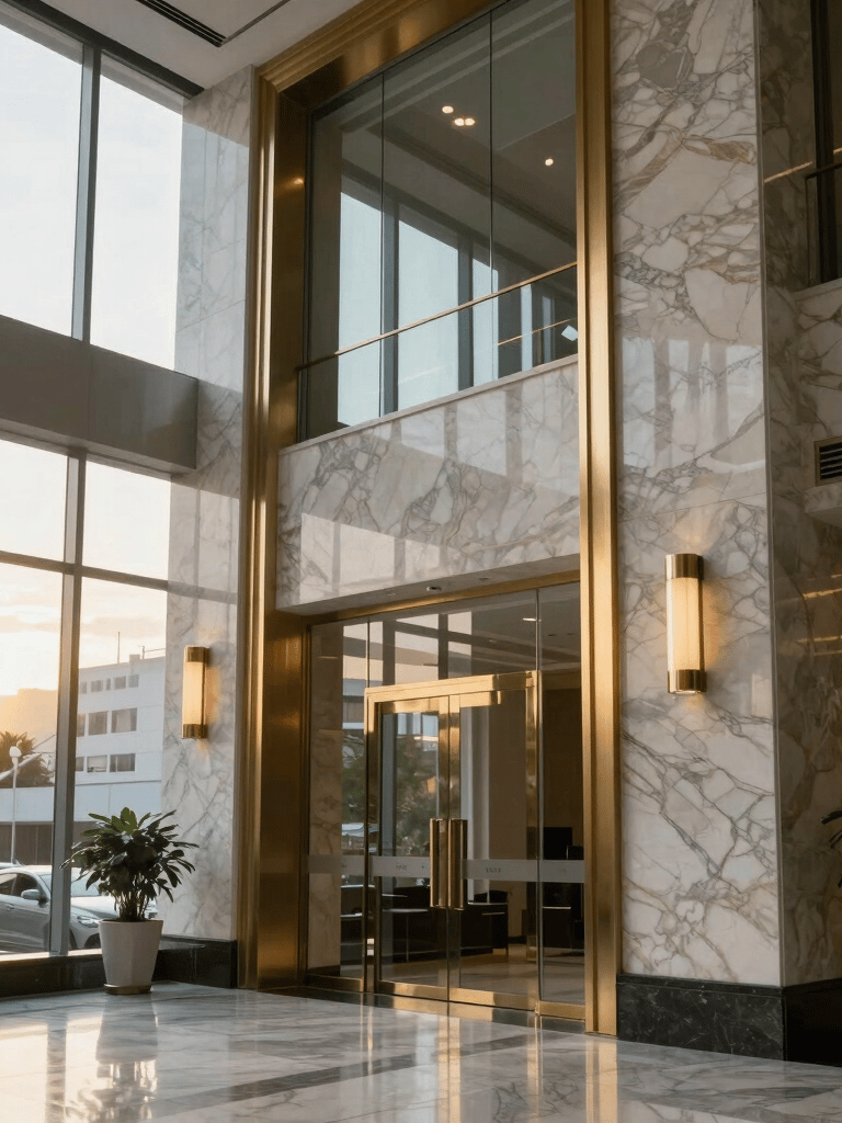 A sophisticated corporate lobby in a major Brazilian financial district, with marble textures and gold accents, reflecting a professional and trustworthy atmosphere, sunset light through large windows.