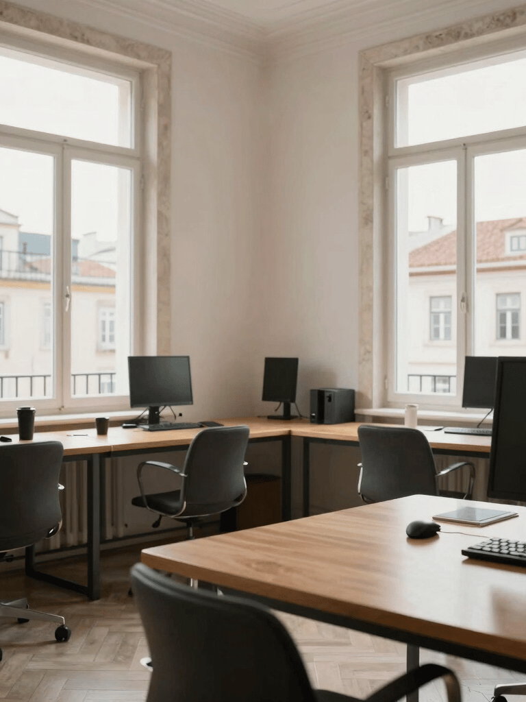 A high-end, bright professional study space in Lisbon with wooden tables and large windows, soft morning light, European Portuguese architecture visible outside.