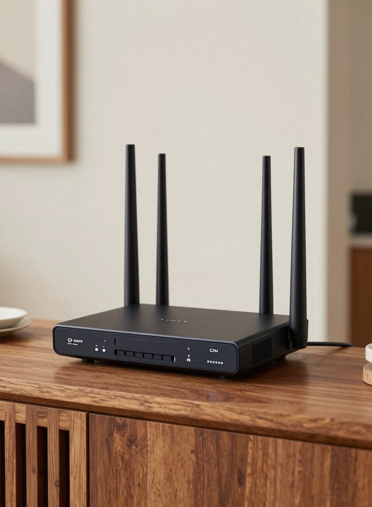 A high-end modern LTE router sitting on a polished wooden console table in a bright Southern African home. The background is a soft-focus interior with off-white walls.