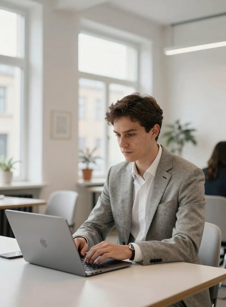 A professional entrepreneur in a tailored suit working on a sleek laptop in a bright, modern Northern European co-working space with large windows and minimalist decor, emphasizing a trustworthy and professional atmosphere. The scene features silver and off-white tones.