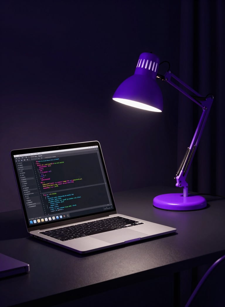 Professional photography of a sleek, dark office desk at night. A laptop displays lines of code, illuminated by a glowing electric purple desk lamp. Deep midnight navy shadows in the background.