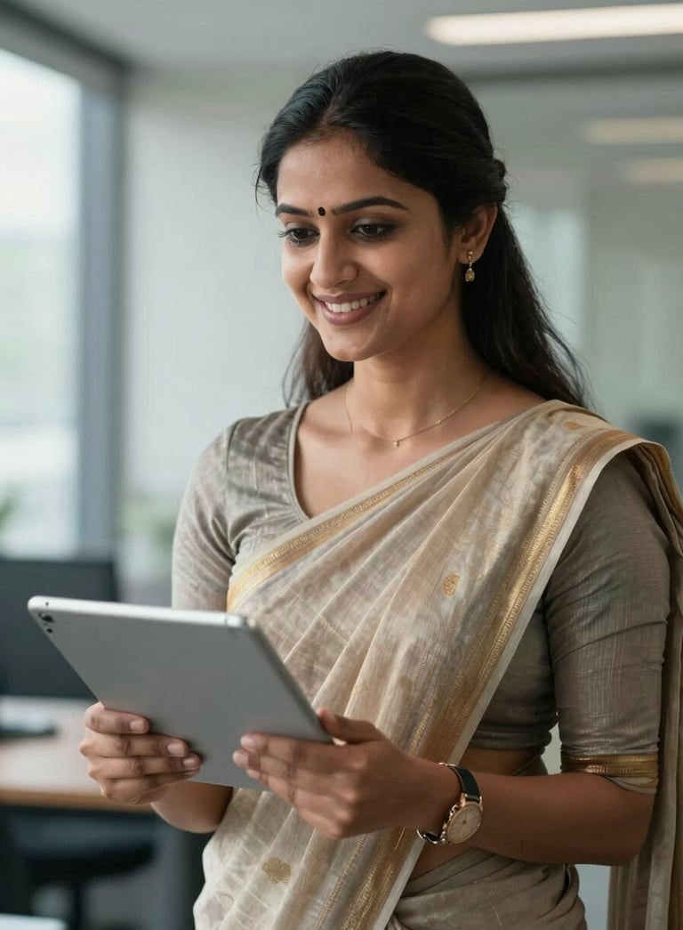 A South Asian / Indian female bank professional in a neat formal saree, smiling warmly in a bright office setting, holding a tablet, soft daylight, professional photography.