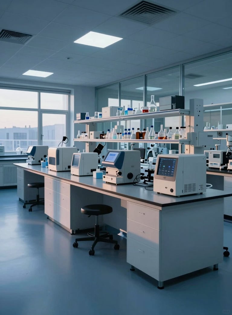 A wide-angle shot of a modern North American research laboratory at dawn, with cool light blue and dark blue shadows, showcasing sophisticated scientific instruments on white countertops and glass walls.