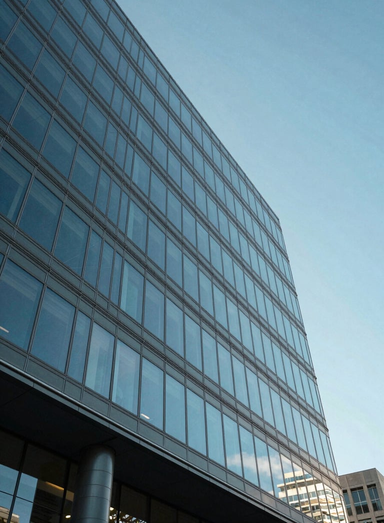 A low-angle exterior shot of a modern glass office building in Spokane, Washington, reflecting a clear blue sky. The architecture is sleek and professional, conveying financial stability and innovation. The lighting is bright and natural, typical of a crisp North American afternoon.