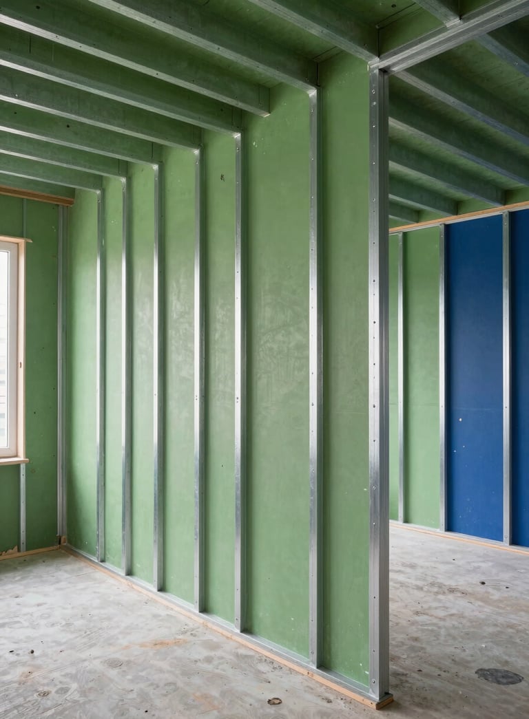 Photography of a bright modern building interior in Northern Europe during renovation. Visible metal studs for interior walls. Professional, clean environment with forest green and deep blue accents.
