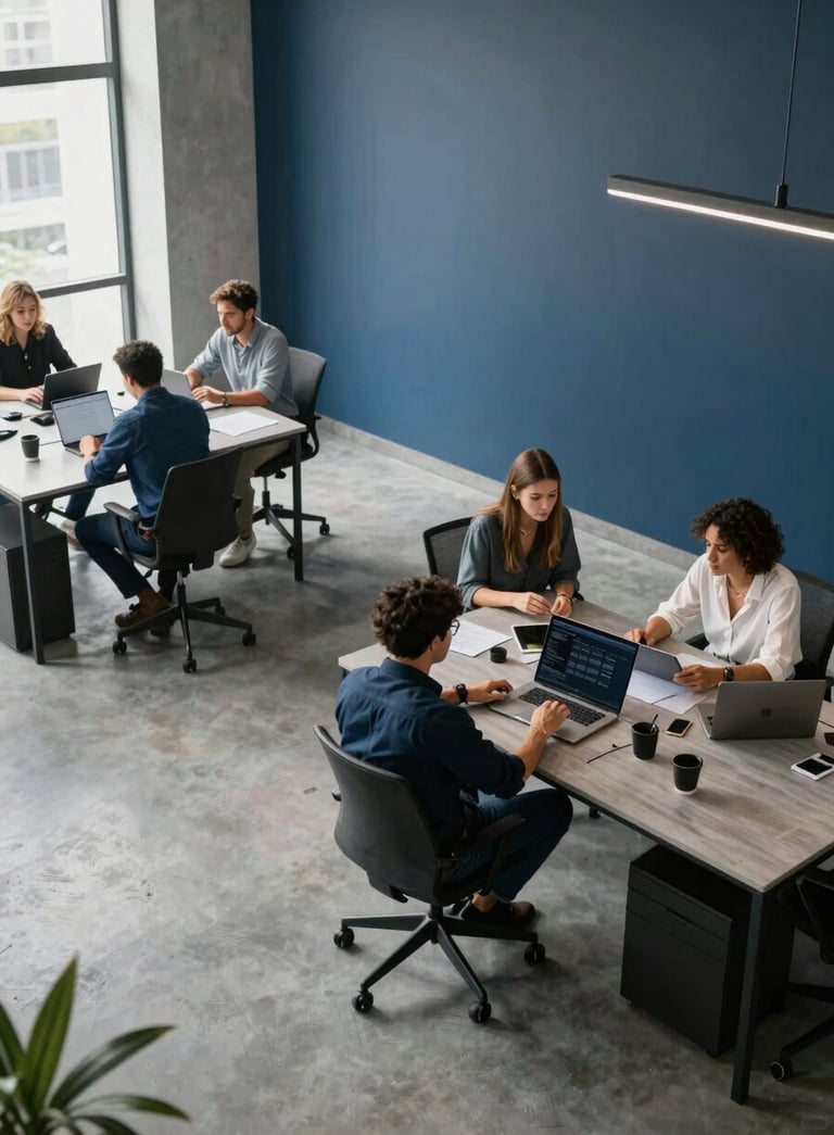 A high-angle view of a clean, minimalist Brazilian office where technology professionals are collaborating. The space features modern furniture, natural lighting, and a palette of slate grey and dark blue tones.