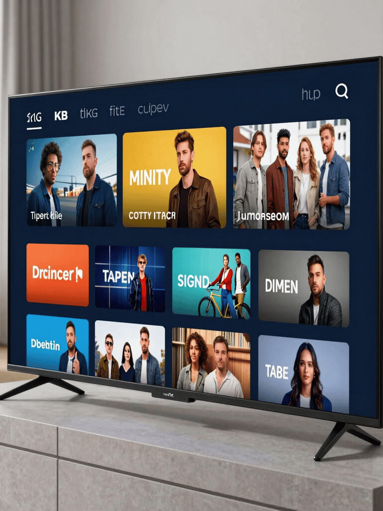 Close up of a modern smart TV displaying a diverse streaming menu in a bright North American living room with soft natural lighting and light grey furniture.
