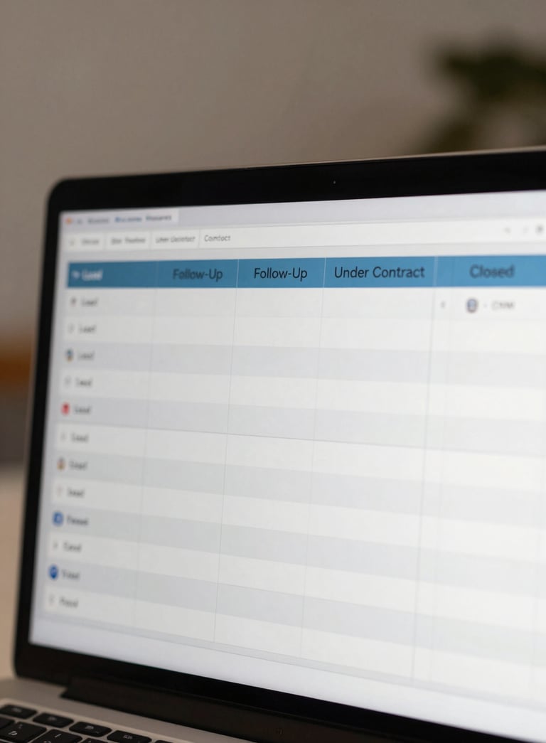 Close-up of a clean CRM deal pipeline dashboard on a laptop screen, organized status columns showing Lead, Follow-Up, Under Contract, and Closed stages, crisp neutral studio lighting, screen fills the right edge of frame