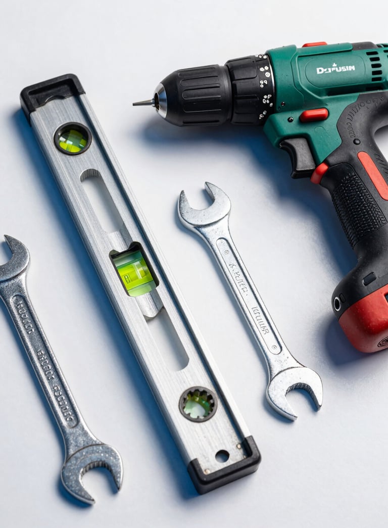 A high-quality flat lay of professional tools including a spirit level, a wrench, and a drill, arranged neatly on a white surface with electric blue highlights, photography, French / Southern France style.