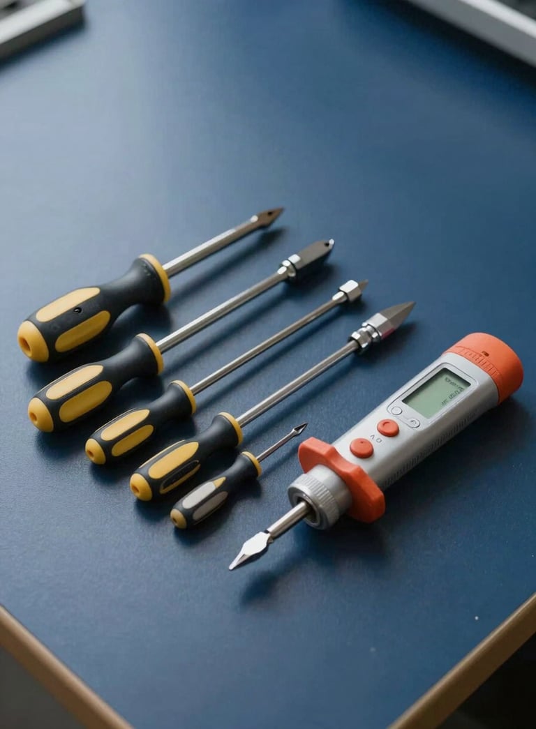 A set of precision screwdrivers and electronic testing tools laid out neatly on a clean deep navy blue workbench, minimalist composition, professional lighting.