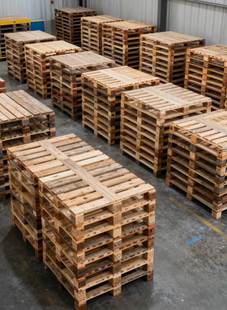 High-angle photography of a clean North American industrial facility with organized stacks of new wooden pallets. The lighting is bright and professional, highlighting the structured efficiency of the workspace.