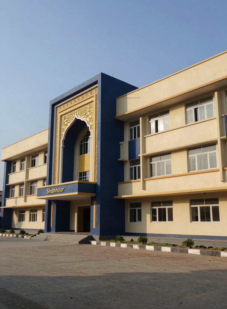 Wide-angle exterior photograph of a modern South Asian / Indian school building with elegant architecture, featuring accents in Deep Navy Blue and Muted Gold, set under a clear blue sky in Shahnoor, clean landscape design.