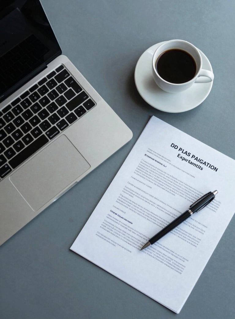 A top-down view of a clean desk with a modern laptop, a cup of coffee, and professional legal documents, incorporating stormy blue-grey and soft teal tones, sharp focus, overhead lighting.