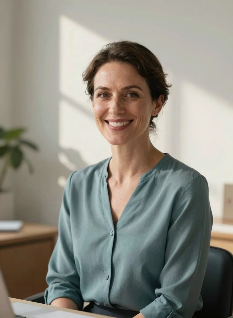 A professional and serene portrait of a psychologist in a modern office, smiling warmly and empathetically. She is wearing a muted teal blouse. The background is a clean, soft off-white wall with soft morning sunlight casting gentle shadows.