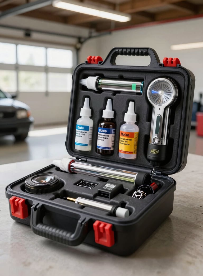 A professional-grade mobile glass repair kit organized neatly in a heavy-duty carrying case, featuring bottles of specialized resin and glass curing lamps, North American garage interior, bright and clean lighting.