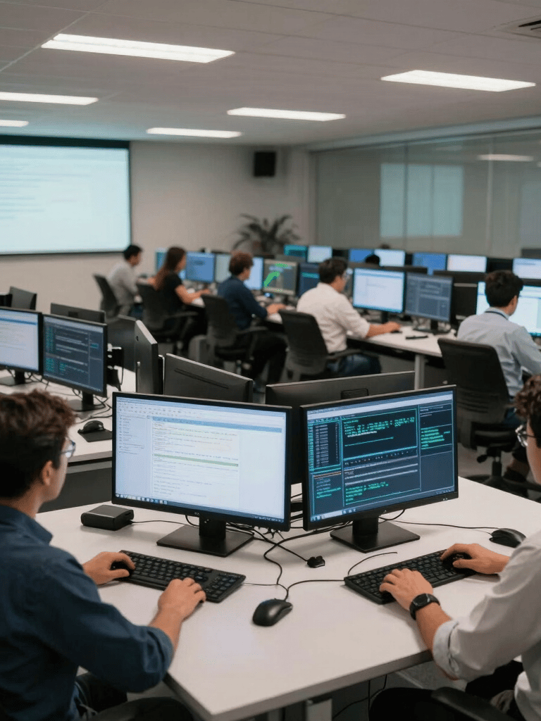 A wide-angle professional photograph of a modern network operations center in a South American / Brazilian city, with engineers working at desks with multiple monitors showing data streams, illuminated by soft blue and off-white lighting.
