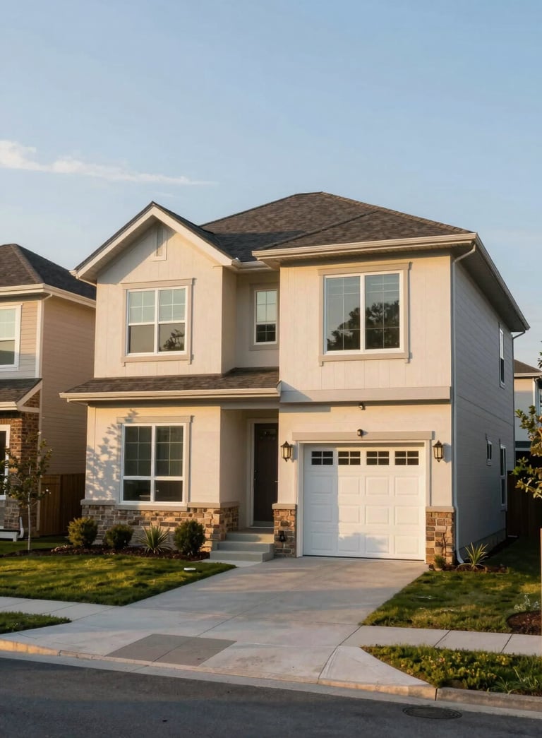 High-end residential property in a clean, modern North American suburb, golden hour lighting, wide angle, professional real estate photography.